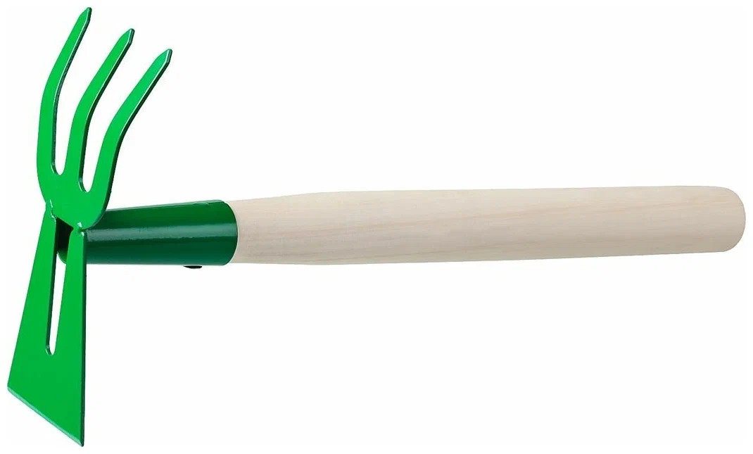 Мотыга-рыхлитель росток 145x75x390 мм, лопатка+3 зуба, гнутая, с деревянной ручкой 39627