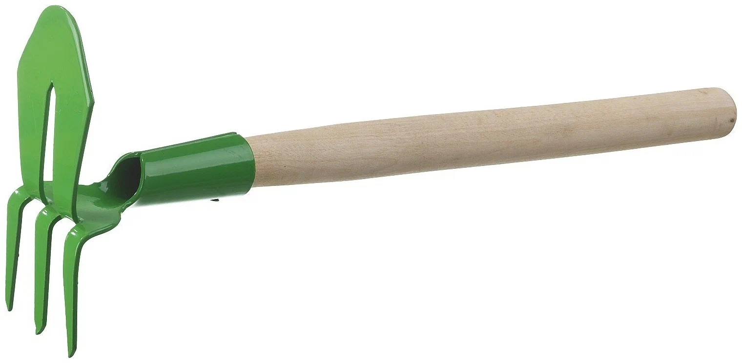Мотыга-рыхлитель росток 155x70x425 мм, лепесток+3 зуба, прямая, с деревянной ручкой 39625